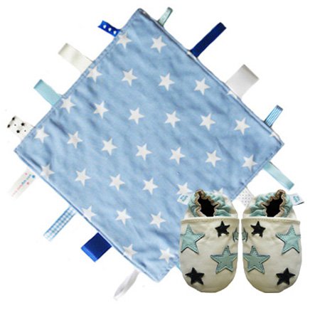 Blue star Tag security Blanket comforter & Blue and white stars soft leather BaBy shoe gift set. By Dotty Fish Boys. 6-12 months