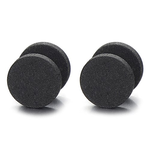 COOLSTEELANDBEYONDMen Women Black Sand Matt Screw Stud Earrings, Cheater Fake Plugs Gauges Illusion Tunnel