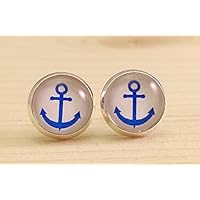 Ohrstecker 10 mm Fassung silberfarben – Anker blau – Cabochon / Glasversiegelung - Handmade