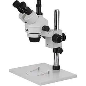 AmScope SM-1TZ Professional Trinocular Stereo Zoom Microscope, WH10x Eyepieces, 3.5X-90X Magnification, 0.7X-4.5X Zoom Objective, Ambient Lighting, Large Pillar-Style Table Stand