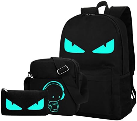 Personality Luminous Rucksack Oxford Textile School Bag Bookbag Waterproof Travel Backpack + Shoulder Bag + Pencil Case (Black (Luminous Eyes)) (Small (10.2"L x 4.7"W x 16.1"H))
