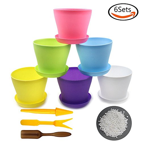 Whonline 6 Stück bunte Runde Blumentopt Pflanzkübel mit Untersetzer, 80g 4-7mm Weißer Pflasterstein, 1 Set Schaufel, 1 Verpflanzen Wergzeug