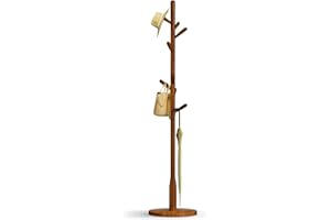 Awatiwa Solid Wood Round Base Coat Rack, Free Standing Hall Coat Tree with 8 Hooks（+2 spare for Coats, Hats, Bags, Purses, for Entryway, Hallway, Rubberwood Hooks,Base and Pole(Round Base,Brown)