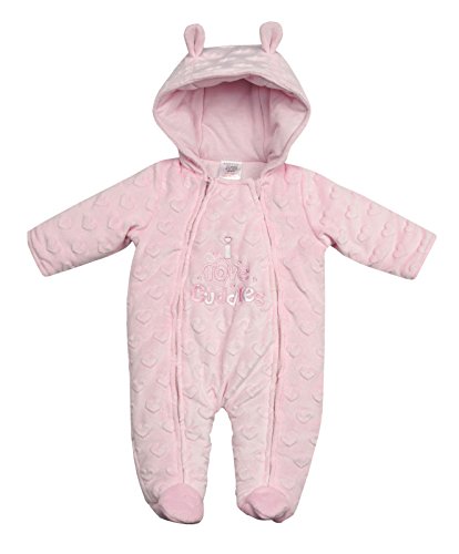 STYLE MIXX Baby Girls Boys Bear Hooded Ski Suit Snowsuit Pramsuit All In One Coat Jacket (0-3 MONTHS, PINK HEARTS 15C206)