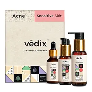 Vedix Customized Skin Care Kit For Sensitive Skin With Acne - 3 Product Kit - Vedix Face Wash For Sensitive Skin (100ml) - Vedix Face Serum For Acne (20ml) - Vedix Moisturizing Face Cream For Sensitive Skin (40ml)