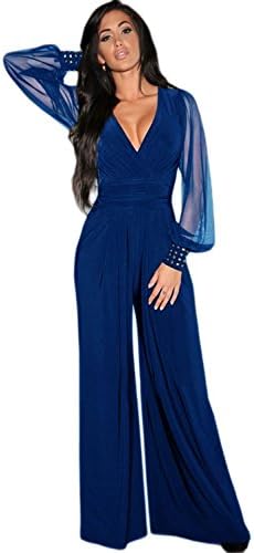 shelovesclothingWomen's New Black Mesh Plunge Long Sleeve Embellished Jumpsuit (12, Blue)