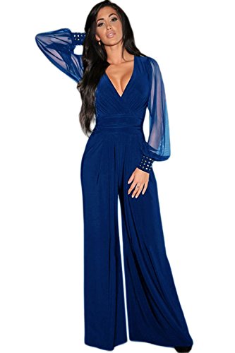 shelovesclothingWomen's New Black Mesh Plunge Long Sleeve Embellished Jumpsuit (12, Blue)
