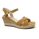  Angkorly - Damen Schuhe Sandalen Mule - Folk/Ethnisch - romantisch - Ehe Zeremonie - gekreuzte Riemen - Geflochten - mit Stroh Keilabsatz 7 cm - Camel D-99 T 39