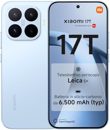 XIAOMI 17T, Smartphone 12+256GB, Display Eye-Care da 6,59" 120Hz, Batteria da 6500mAh (typ), Teleobiettivo Leica 5x, 67W HyperCharge, MediaTek Dimensity 9500, Blue, Garanzia 2 anni+1 anno extra