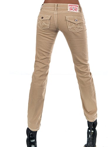 H922 Damen Bootcut Jeans Hose Damenjeans Hüftjeans Gerades Bein Dicke Naht Nähte, Größen:36 (S), Farben:Camel - 