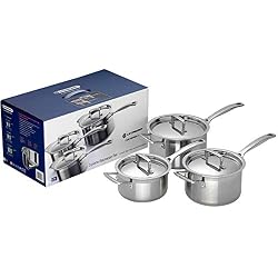 Le Creuset Set de 6 Pièces, 3 Casseroles avec Couvercles, , Ø 16/18/20 cm, Inox 3-ply Intégral, Capacité 1,9/2,8/3,8L, Compatible avec Toutes Sources de Chaleur (y Compris Induction), Argenté