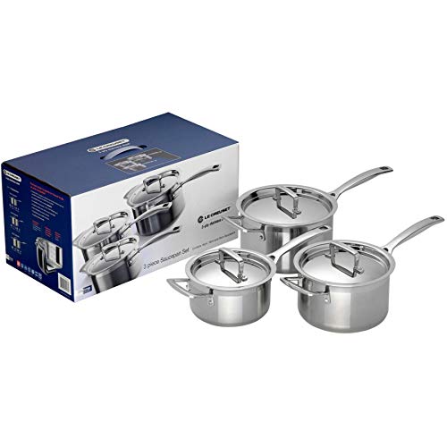 Le Creuset Set de 6 Pièces, 3 Casseroles avec Couvercles, , Ø 16/18/20 cm, Inox 3-ply Intégral, Capacité 1,9/2,8/3,8L, Compatible avec Toutes Sources de Chaleur (y Compris Induction), Argenté