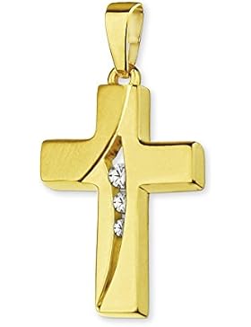 CLEVER SCHMUCK Goldener Anhänger Kreuz 16 mm mit 3 Zirkonia mittig übereinander matt und glänzend geschwungen...