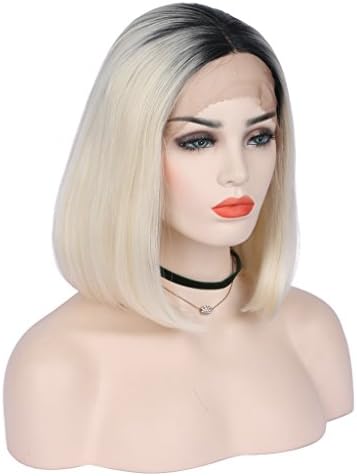 Short Bob,Ombre Blonde Heat Safe Sythetic Hair Lace Front Wig With Short Black Roots