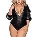 Produktbild HOTHYJ Damen Body Leder Bodysuit Erotik Große Größen V-Ausschnitt Jumpsuit Dessous Reizvolle Push Up Lingerie Sexy Nachtwäsche Reizwäsche Provocative Nuttiges Schritt Frauen,Black,XL