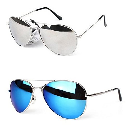PURECITY® - Lot de 2 paires de Lunettes de Soleil Aviateur Verres Effet Miroir - Argent + Bleu - Monture Métal - Collection Mixte Fashion Tendance (Miroir bleu + Miroir argent)