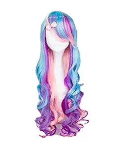 Women 31.5 Long Curly Wavy Multi-colored Cosplay Party Heat Resistant Halloween Hair Wig