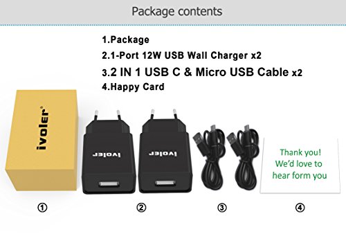  Lot de 2  iVoler Extra Mini Chargeur USB Secteur 12W 2 4A avec 2 en 1 C  ble Micro USB   Type C  1m   Universel Secteur Mural pour Samsung Galaxy S9   S9    S8   S8    S7   S7 Edge   S6 Edge S6 Edge   iPhone  Huawei  ASUS  LG  Wiko  Motorola  LE PLUS COURT ET PETIT USB Adaptateur Secteur USB avec Technologie de Charge Qsmart pour Apple iPhone  iPad  Android smartphone  Tablette  Batteries Externes etc  - Noir