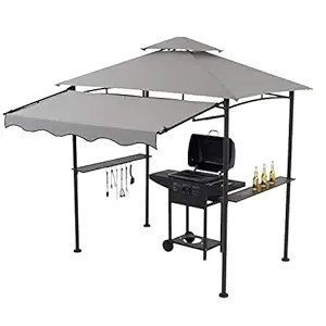 CHARMELEON Double Tiered Grill Gazebo 8X 5, Outdoor BBQ Patio Canopy Tent with Stretchable Side Awning (Light Grey)