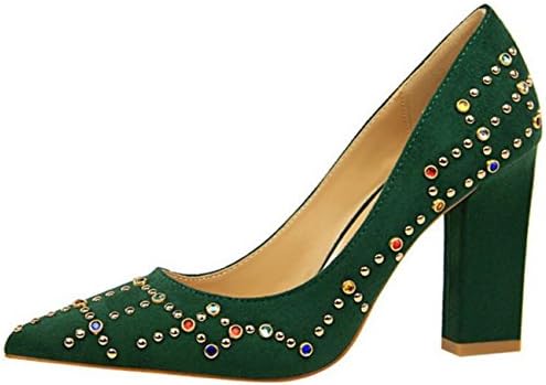 Mashiaoyi Women's Pointed-Toe Block-Heel Slip-On Diamond Court Shoes UK 5 Green