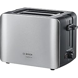 Bosch TAT6A913 Grille-Pain compact Comfort Line, centrage du pain automatique, fonction décongélation, 1090 W, acier inoxydable/noir