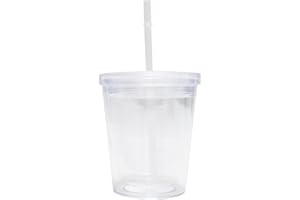JACKFRU Tazza in plastica rigida a doppia parete, riutilizzabile, con coperchio e cannuccia, per acqua di qualità alimentare, senza BPA, da viaggio (350 ml)
