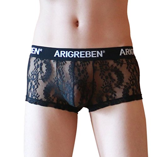 Lenfesh sous-vêtements imprimés - Boxer Dentelle Ultra-Mince Sexy - Fil sans Couture Confortable Slips (L, Noir)