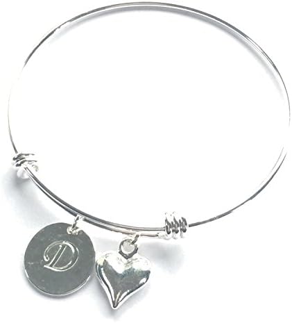 Bangle Bracelet with Lovely Silver Puffed Heart, Personalised with the Initial of your Choice (D)