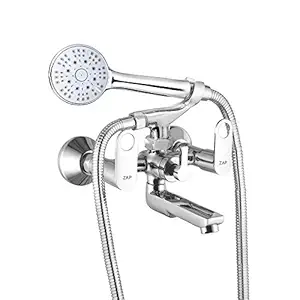 ZAP Geo High Grade Brass 2 in 1 Wall Mixer with Crutch & Multi Flow Hand Shower with 1.5 Meter Flexible Tube (Chrome)