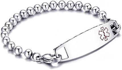 LianDuo Stainless Steel Diabetes Medical Alert ID Beads Chain Bracelet for Men and Women 21.5cm,Free Engraving
