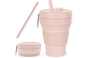 Piashow Gobelet pliable en silicone, tasse à eau portable, avec couvercle et paille, peu encombrante, réutilisable, respectueuse de l'environnement, à emporter, idéale pour les boissons chaudes et