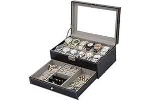 Tebery - Scatola organizer per orologi, in pelle PU, 12 scomparti, con cassetto per gioielli, per conservazione ed esposizione, colore: nero
