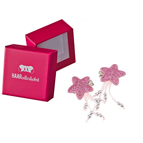 HAARallerliebst 2 Horquillas para el Pelo con diseño de Estrellas y Perlas (3,5 cm, 2 Unidades, Incluye Caja Rosa para guardarlo)