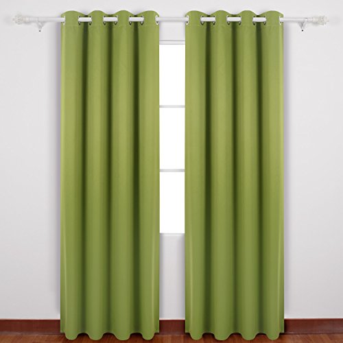 Deconovo Eyelet Curtains Ready Made Room Darkening Thermal Insulated Ring Top Blackout Curtains for Living Room with Backside Silver Backing to Reflect Sunlights 46 Width x 90 Drop Light Green 1 Pair
