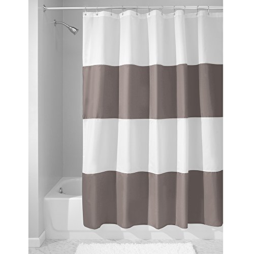 InterDesign Zeno Duschvorhang Textil | wasserdichter Duschvorhang mit Streifen | waschbarer Duschvorhang in der Größe 183,0 cm x 183,0 cm | Polyester dunkeltaupe/weiß