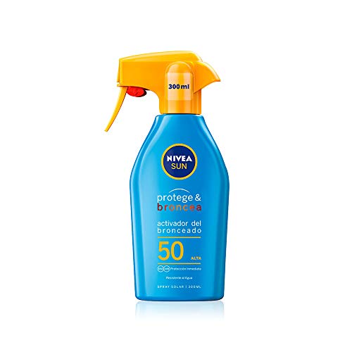 NIVEA SUN Protege & Broncea Spray Solar FP50 (1 x 300 ml), activador del bronceado, protección solar alta, protector solar hidratante y resistente al agua, pistola