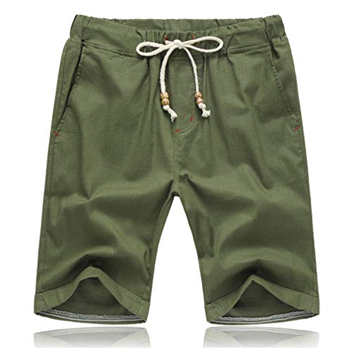 Tansozer Mens Cotton Casual Shorts Men Summer Bermuda Beach Holiday Lightweight Linen Shorts Elasticated Waist Drawstring Pockets?Army Green XXL?