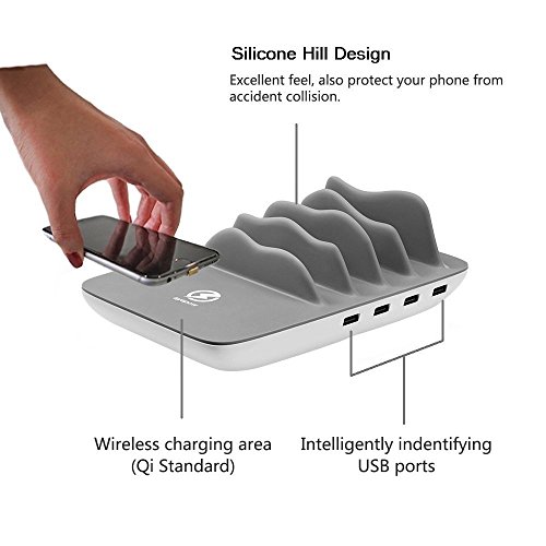 5 in 1 Estaci  n de Carga USB  EarthSave Cargador de Escritorio Multifunci  n de 4 Puertos con Qi Cargador inalambrico M  ltiples dispositivos Organizador para Iphone X  Iphone 8 7 7s 6s Samsungs Huawei Tabletas y Ipads