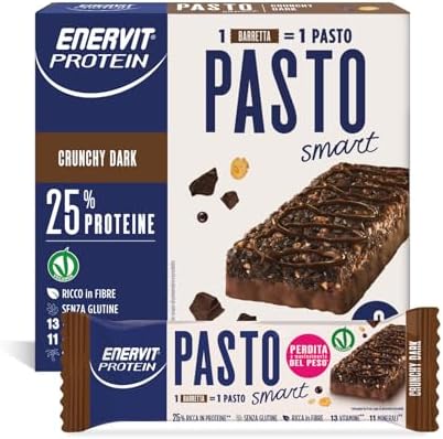 Enervit Protein Pasto Crunchy Dark, Barretta Proteica Sostitutiva del Pasto, Gusto Cioccolato Fondente, Per il Controllo del Peso, 1 Barretta=1 Pasto, VeganOK, Senza Glutine, 6 Barrette da 55g