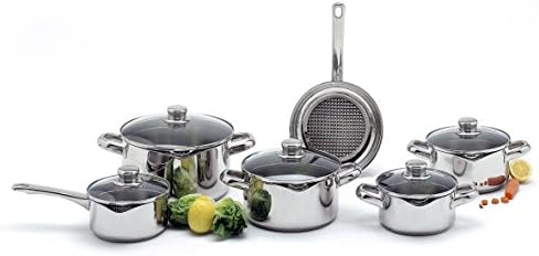 11 Pieces Stainless Steel cookwareset Niagara with Pour-Water System: 4 Cookingpots and 1 sacuepan, Each with Glass lid, and 1 Grill Frying pan