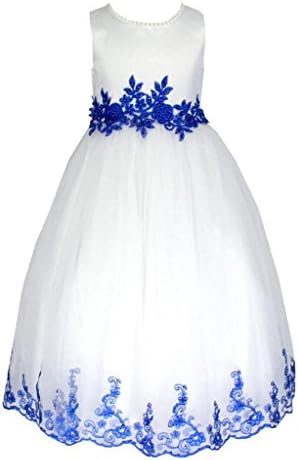 go2victoria New Satin Embroidery Party Bridesmaids/Flower Girl Dress Ivory &amp; Royal Blue 8 Years (I833RB-8#)