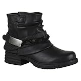  Damen Stiefeletten Biker Boots Nieten Schnallen Leder-Optik Schuhe 148775 Schwarz Flechte 38 Flandell