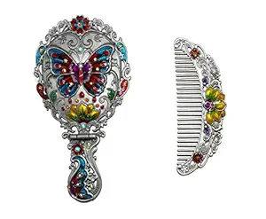 Kaavan Metal Hand Mirror and Comb for Women, Girls and Boys | Makeup and Hair Styling Travel Mirror | Antique Work Multicolour Beautiful Comb and Mirror Set for Women and Girls