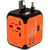 New Universal Travel Adapter Electric Plugs Sockets Converter Uk/EU/US/AU with Dual USB Charging 2.4A LED Power Indicator Electric Plugs UK EU US AU International Travel Plug Adaptor Charge (Orange)