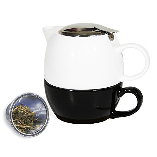 Janazala Teekanne und Tasse, Tea for One, Tee Set Porzellan Mit Infuser Tee und Bambus Untersetzer in Geschenkbox, Geburtstagsgeschenk für Mama, Geschenk für Schwester, Vater, Weiß / schwarz - 3
