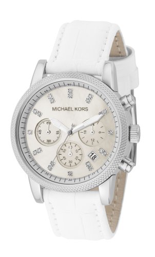 Michael Kors Mk5049 Ladies Sport Chronograph Gold Plated Round Case Champagne Dial White Leather Strap