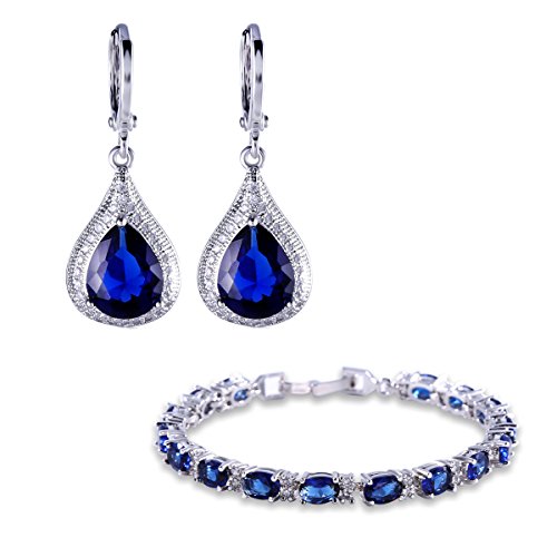 GULICX Plateado Sapphire Conjunto de joyería de Color Azul Zircon cúbico Leverback Pendientes de Gota Pulsera Cadena