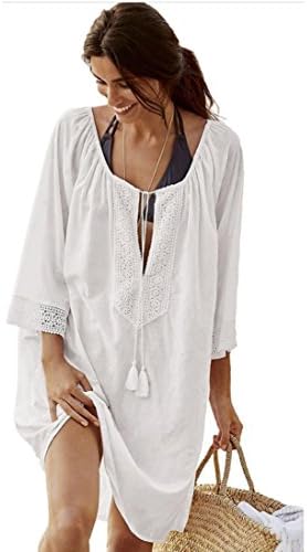 VENMO Women Bikini Swimsuit Lace Cover-Up With Tassels Loose Beach Wear Long Sleeves Sarongs Wrap Shawl Summer Swimming Costume (White, XL)