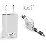 OKCS Ladeset - Micro USB &amp; Lightning Ladekabel ausziehbar + 1A USB Netzteil für Apple iPhone, Galaxy, HTC, LG, Sony etc. - Weiß