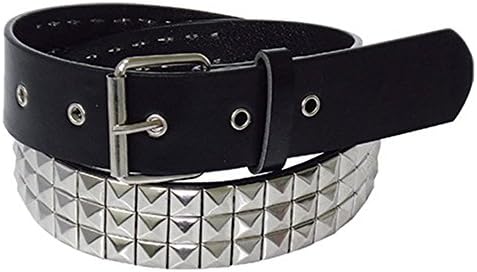 Ladies / Gents Black Bonded Leather 3 Row Silver Pyramid Studded Belt. Silver Coloured Buckle. Punk Goth Emo Rock (37" - 41" (95cm - 105cm))